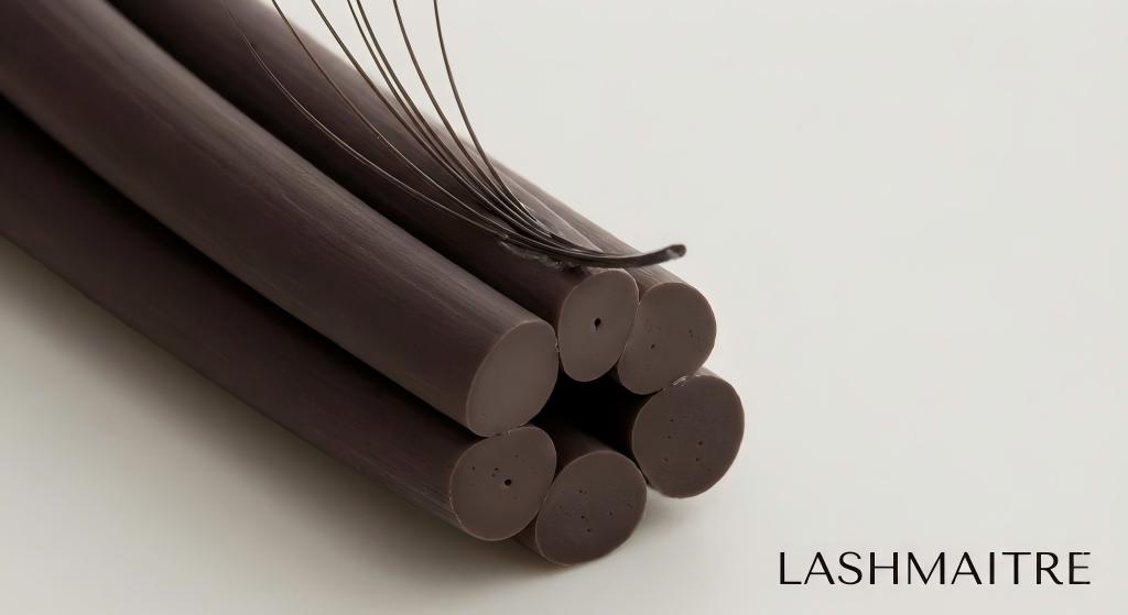 A microscopic cross-section photograph of LASHMAITRE's premium PBT eyelash extension fibers clustered at the base. This dense, high-quality material structure is essential for achieving maximum volume lash retention.