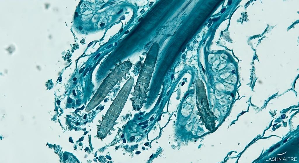 Microscopic micrograph view showing a cluster of Demodex lash mites within a hair follicle and sebaceous gland, illustrating a potential eyelash extensions infestation. The LASHMAITRE logo is visible in the corner.