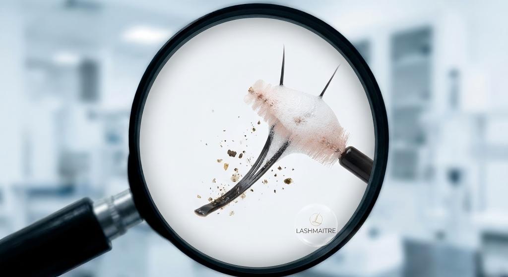 A microscopic photograph showing exactly what to clean eyelash extensions with: a specialized foam cleanser and a soft brush, demonstrated on a LASHMAITRE extension to remove debris for better retention.