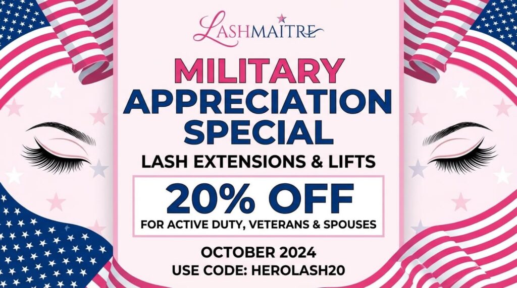 A LASHMAITRE digital flyer promoting a Military Appreciation lash special with 20% off for active duty and veterans, targeting Minot Air Force Base lash salon seekers in North Dakota.