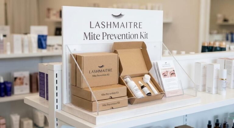 A retail display in a salon showcasing the LASHMAITRE Mite Prevention Kit. The kit, packed in eco-friendly boxes, contains a specialized cleanser, serum, and brush to prevent lash mites on eyelash extensions.