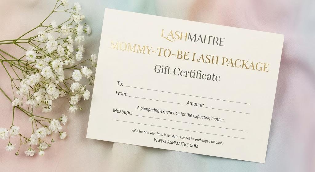 An elegant LASHMAITRE gift certificate for the "Mommy-to-Be Lash Package," styled with baby's breath flowers. The perfect pregnancy gift for expecting mothers in [City/Area] wanting safe, beautiful eyelash extensions for delivery.