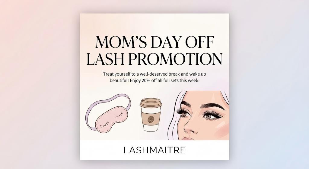 "LASHMAITRE digital flyer graphic marketing eyelash extensions fairfield ct to local mothers, featuring illustrations of a sleep mask and coffee cup alongside details for a 'Mom's Day Off' 20% off promotion."