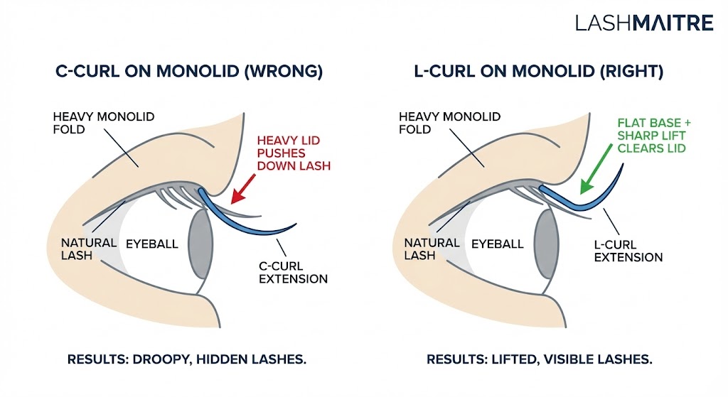 A LASHMAITRE technical diagram illustrating the challenges of applying eyelash extensions monolid styles, contrasting how a standard C-curl is pushed down by the lid versus how an L-curl clears the fold for a lifted look.