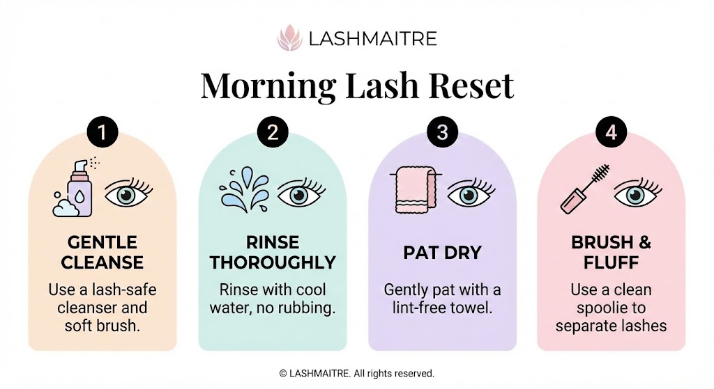 LASHMAITRE infographic detailing the four-step "Morning Lash Reset" routine. This guide is essential aftercare for clients learning how to sleep with eyelash extensions, demonstrating the correct way to cleanse, rinse, pat dry, and brush lashes each morning to remove overnight buildup and restore fluffiness.