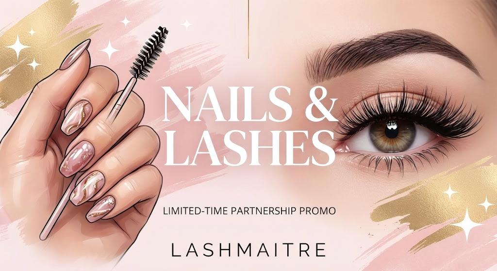 "Social media promotional graphic by LASHMAITRE marketing eyelash extensions garland tx to local community, featuring a 'Nails & Lashes' limited-time partnership deal."