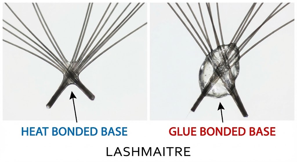 A LASHMAITRE educational comparison showing a narrow lash fan on the left, creating a dense, defined look, contrasting with a wide lash fan on the right, which results in a fluffy, soft effect. This diagram illustrates the visual impact of narrow vs wide lash fans in volume lashing.