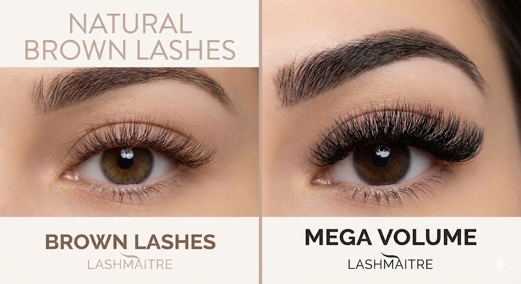 LASHMAITRE style comparison demonstrating the dramatic styling differences between 'Natural Brown Lashes' (left, subtle definition) and 'Mega Volume' black extensions (right, high density), showcasing popular choices for eyelash extensions West Palm Beach clientele.