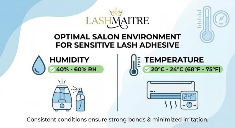 LASHMAITRE infographic showing the optimal salon environment setup for using the best sensitive eyelash extension glue, specifying ideal humidity (40-60% RH) and temperature (20°C - 24°C) ranges to minimize irritation.