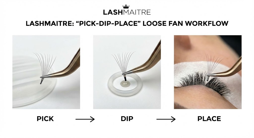 A step-by-step diagram by LASHMAITRE illustrating the "Pick-Dip-Place" workflow, a speed technique for applying loose fans eyelash extensions. The graphic shows three stages: picking the fan, dipping the base in glue, and placing it on the natural lash.