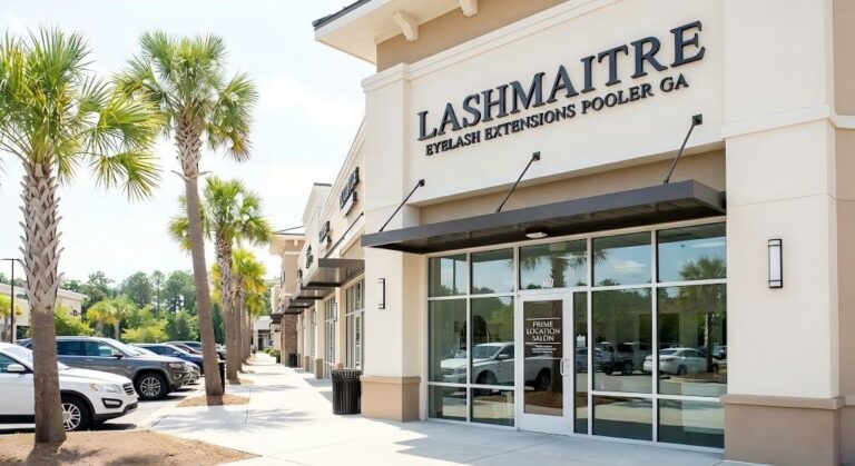 The modern storefront of LASHMAITRE, a prime location for an eyelash extensions Pooler GA business, featuring convenient parking and easy access for local clients.
