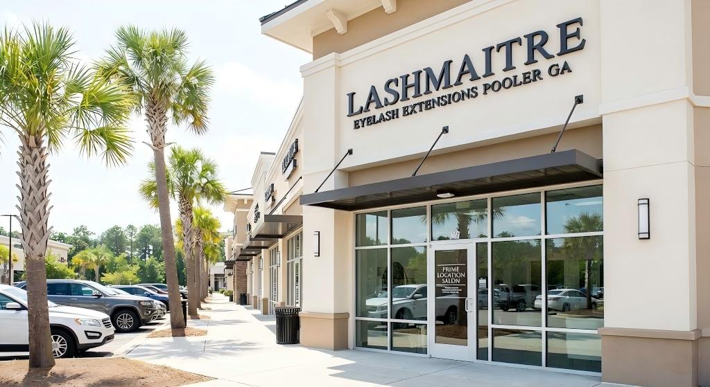The modern storefront of LASHMAITRE, a prime location for an eyelash extensions Pooler GA business, featuring convenient parking and easy access for local clients.