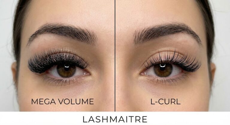 "LASHMAITRE style comparison demonstrating popular styles for eyelash extensions albuquerque new mexico, featuring a dense, dramatic 'Mega Volume' set on the left versus a sharp, lifting 'L-Curl' set on the right for hooded eyes."