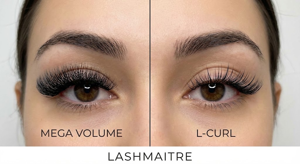 "LASHMAITRE style comparison demonstrating popular styles for eyelash extensions albuquerque new mexico, featuring a dense, dramatic 'Mega Volume' set on the left versus a sharp, lifting 'L-Curl' set on the right for hooded eyes."