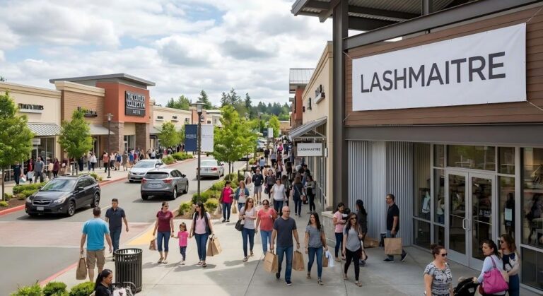 "A busy, sunny day scene at The Outlet Collection Seattle in Auburn, WA, showing shoppers walking past the LASHMAITRE storefront banner, illustrating its prime location for eyelash extensions auburn wa businesses."