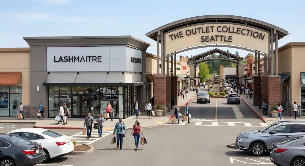 "Exterior view of the LASHMAITRE storefront entrance at The Outlet Collection Seattle, showcasing a busy shopping day and illustrating a prime location for eyelash extensions auburn wa businesses."