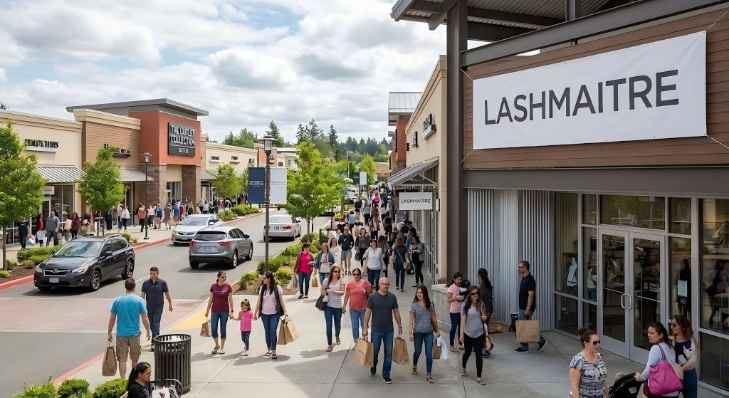 "A busy, sunny day scene at The Outlet Collection Seattle in Auburn, WA, showing shoppers walking past the LASHMAITRE storefront banner, illustrating its prime location for eyelash extensions auburn wa businesses."
