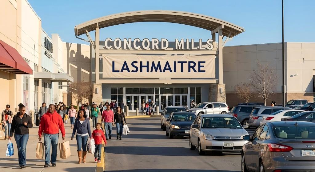 "A busy weekend scene at the main entrance of Concord Mills mall featuring a large LASHMAITRE banner, illustrating its prime location for eyelash extensions concord nc businesses."