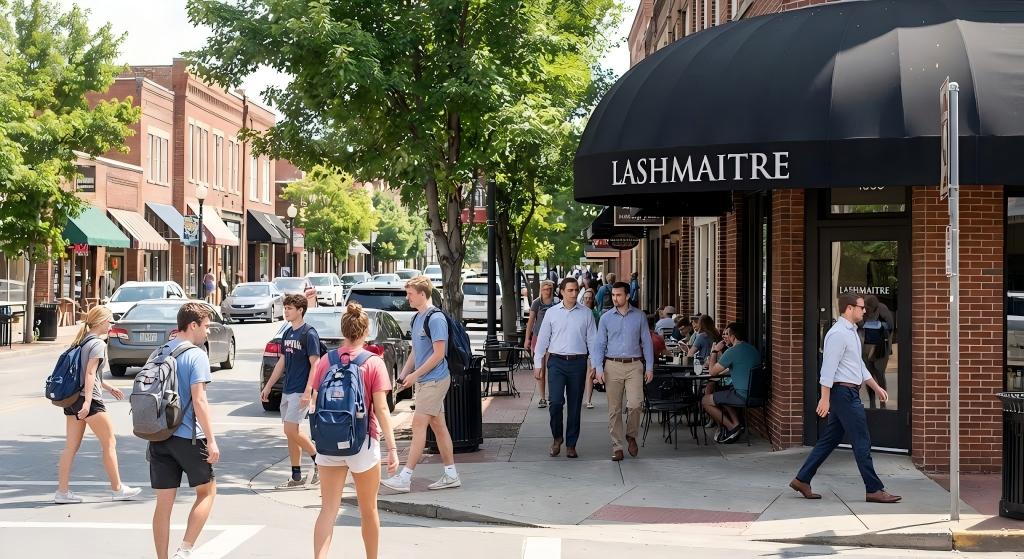 A bustling daytime view of the LASHMAITRE storefront visible among other businesses on Dickson Street, illustrating its prime location for eyelash extensions in Fayetteville, AR, amidst students and professionals.
