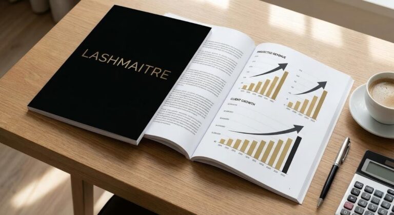 A professional LASHMAITRE eyelash extension business plan document open on a wooden desk, displaying detailed charts for projected revenue and client growth, alongside a calculator and coffee.