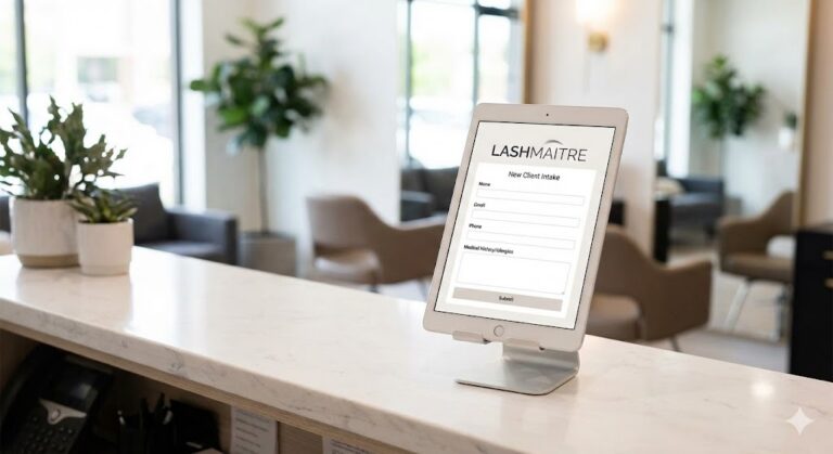 "A clean, modern LASHMAITRE professional eyelash extension intake form on a tablet for salon clients, displayed on a white marble reception desk in a bright, upscale lash studio setting."