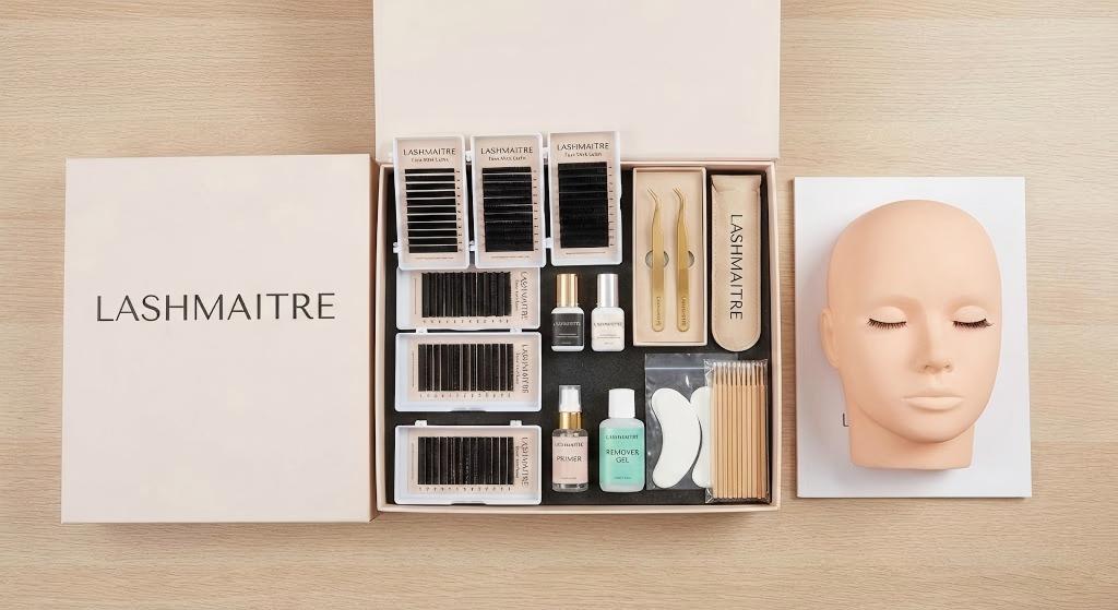 LASHMAITRE Premium Lash Extension Training Kit with Mannequin Head and Professional Supplies for Eyelash Academy Certification