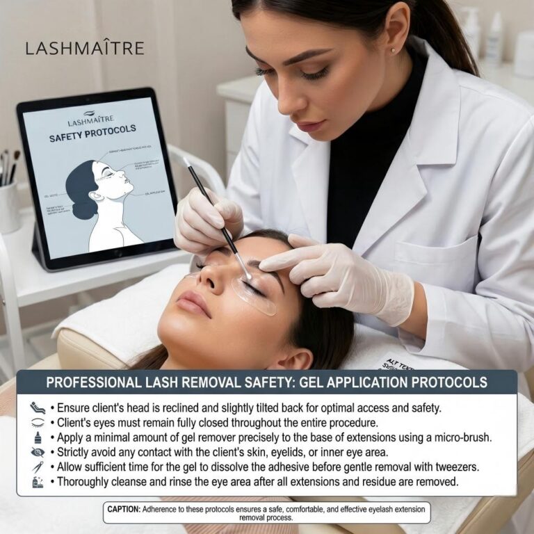 Diagram illustrating safety protocols for applying gel eyelash extension remover, featuring correct client head positioning, precise micro-brush application techniques, and key steps to prevent eye irritation during professional lash removal.