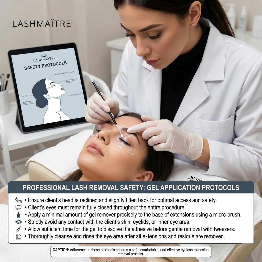 Diagram illustrating safety protocols for applying gel eyelash extension remover, featuring correct client head positioning, precise micro-brush application techniques, and key steps to prevent eye irritation during professional lash removal.