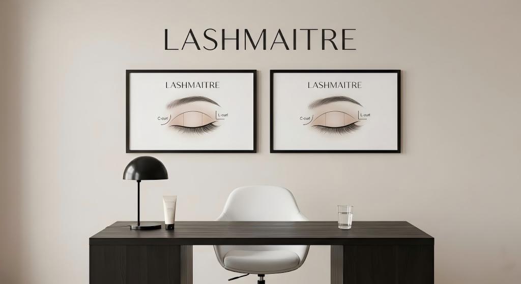 Interior of LASHMAITRE professional lash salon featuring a client consultation area with framed eyelash extension mapping charts displaying C-curl and L-curl zones on the wall.