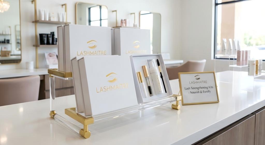 A luxurious salon retail display featuring the LASHMAITRE Lash Strengthening Kit. This is the ideal retail kit for clients using growth serums like Latisse alongside eyelash extensions, containing extension-safe nourishing products to maintain natural lash health and retention.