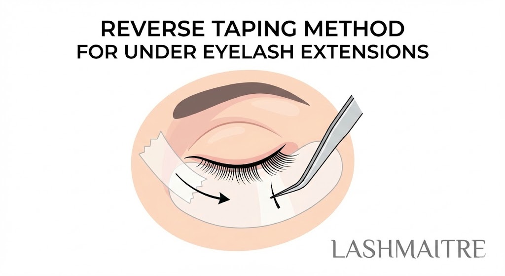 A LASHMAITRE diagram illustrating the reverse taping technique for applying under eyelash extensions safely, showing a piece of tape pulling the lower eyelid skin down to expose the lashes for precise tweezer application.