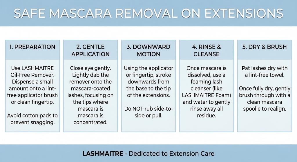 Infographic illustrating the 5-step safe method for removing mascara from eyelash extensions using LASHMAITRE oil-free products to avoid damage.