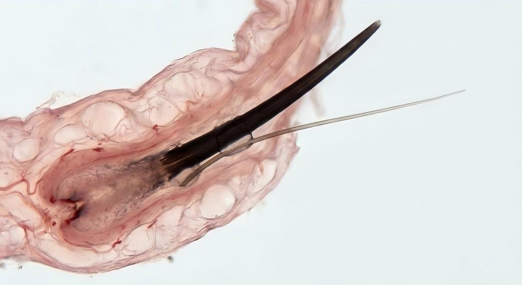 A microscopic view of a healthy lash follicle with a natural lash and a lightweight 0.03mm LASHMAITRE eyelash extension fiber attached, demonstrating the safety advantages for natural lash health.