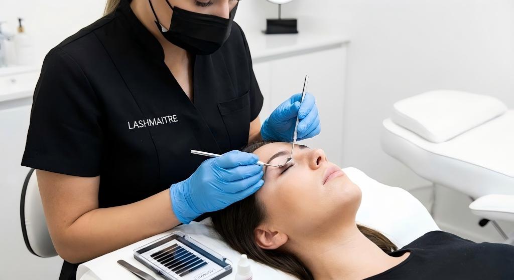 A LASHMAITRE technician uses a dental mirror to inspect the client's eyelid seal during application. This safety protocol ensures the eyes are fully closed to prevent adhesive fumes from causing a chemical burn in eye from eyelash extensions.