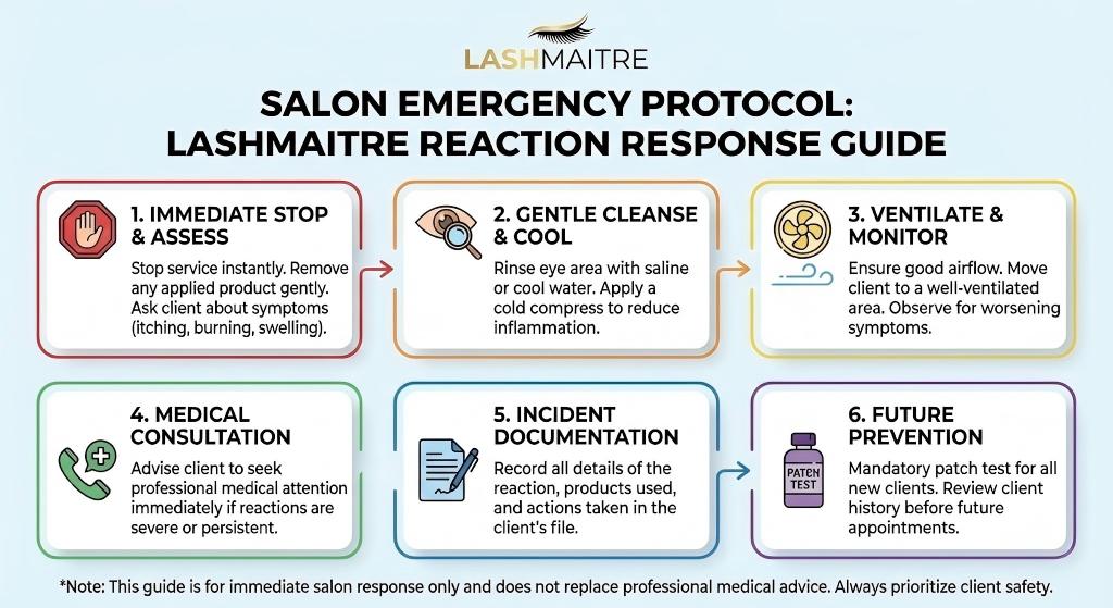 A LASHMAITRE salon emergency protocol infographic detailing the six-step guide for professionals to follow when a client reports reactions like puffy eyes from eyelash extensions, including immediate stop, gentle cleansing, and medical consultation.
