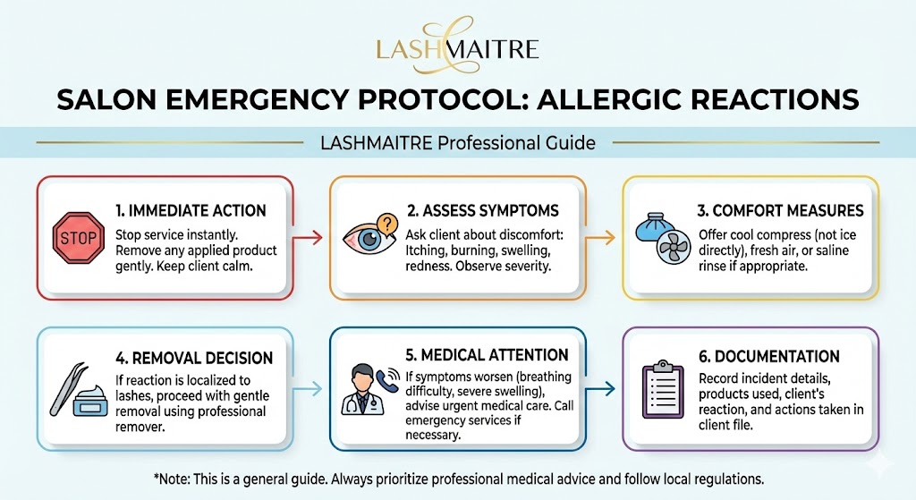 A LASHMAITRE salon emergency protocol infographic detailing the six professional steps to take when a client reports allergic reactions, such as swollen eyelids from eyelash extensions.
