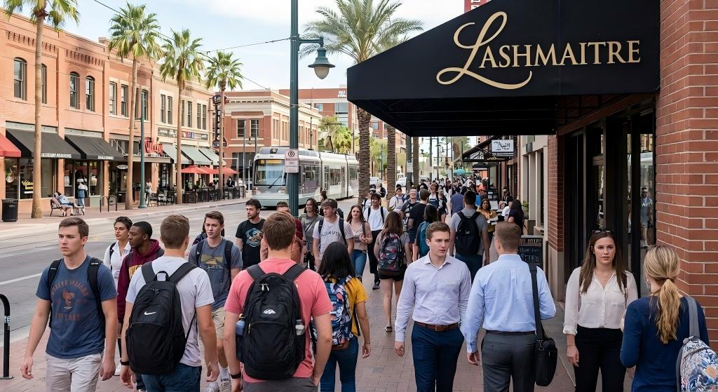 Exterior view of LASHMAITRE salon located on the vibrant Mill Avenue in downtown Tempe, Arizona. The street is bustling with pedestrians including ASU students with backpacks and young professionals near the light rail tracks, illustrating a prime location for an eyelash extensions Tempe business.