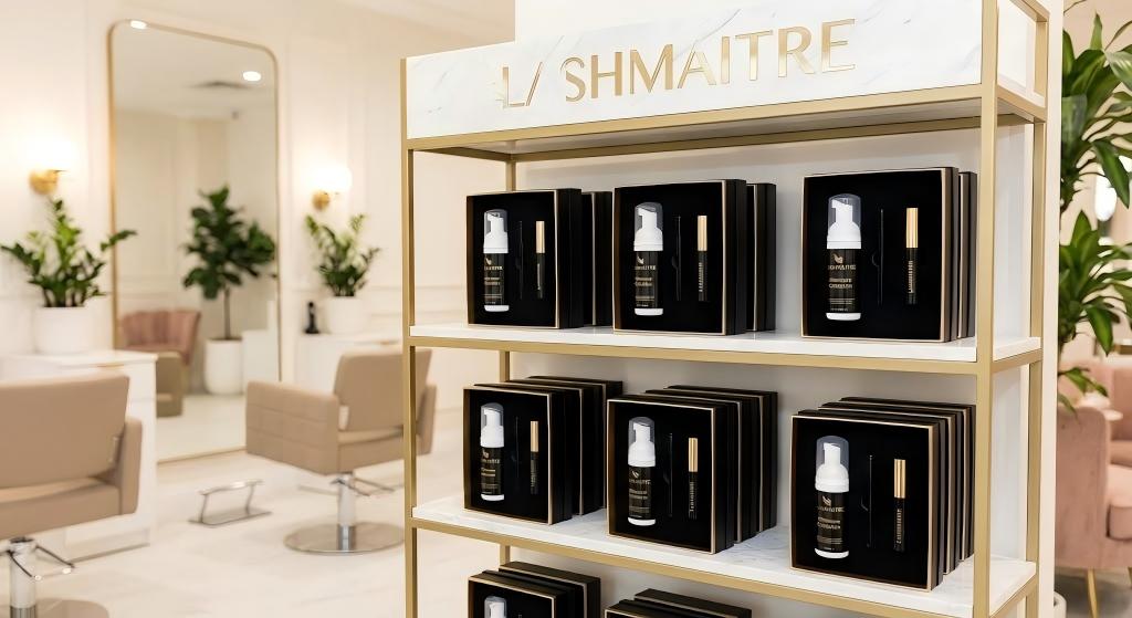 A salon retail display shelf showcasing branded LASHMAITRE aftercare kits, which include a foaming cleanser and brush, providing the answer to what to clean eyelash extensions with.