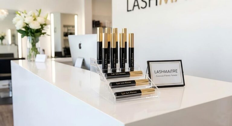 A professional LASHMAITRE salon retail display featuring 'Lash-Safe Mascara' on a tiered acrylic stand, with a sign confirming its "Extension-Friendly Formula." This display directly answers the client question: can I wear mascara on eyelash extensions?