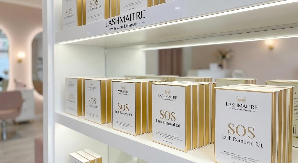 A brightly lit salon retail display featuring multiple rows of LASHMAITRE SOS Lash Removal Kits in gold and white packaging under a "Professional Aftercare" sign. This stocked shelf offers clients a safe, professional retail solution when asking how can i remove eyelash extensions at home.