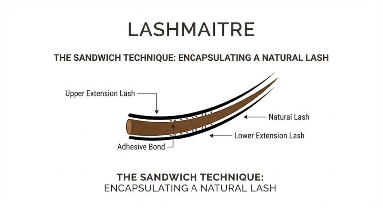"LASHMAITRE technical diagram illustrating the Capping (Sandwich) technique for eyelash extension double application. It shows a natural lash encapsulated between an Upper Extension Lash and a Lower Extension Lash, secured by an Adhesive Bond."
