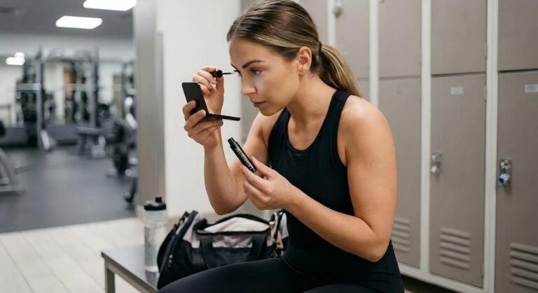 A woman in a gym locker room applying LASHMAITRE sealant eyelash extensions to her lashes using a small applicator brush for protection against sweat during a workout.