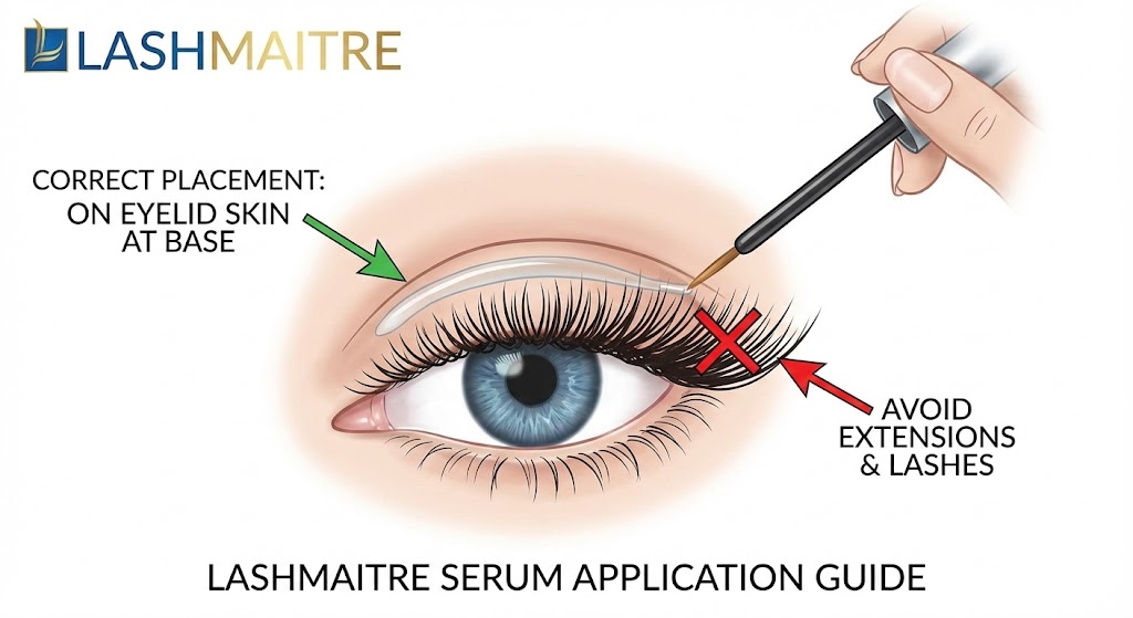 LASHMAITRE diagram demonstrating how to apply Latisse or lash serum safely with eyelash extensions. A hand with an applicator brush is shown applying a thin line of serum to the eyelid skin at the base of the lashes, indicated by a green arrow. A red X and arrow warn to avoid touching the extensions and lash hair directly.