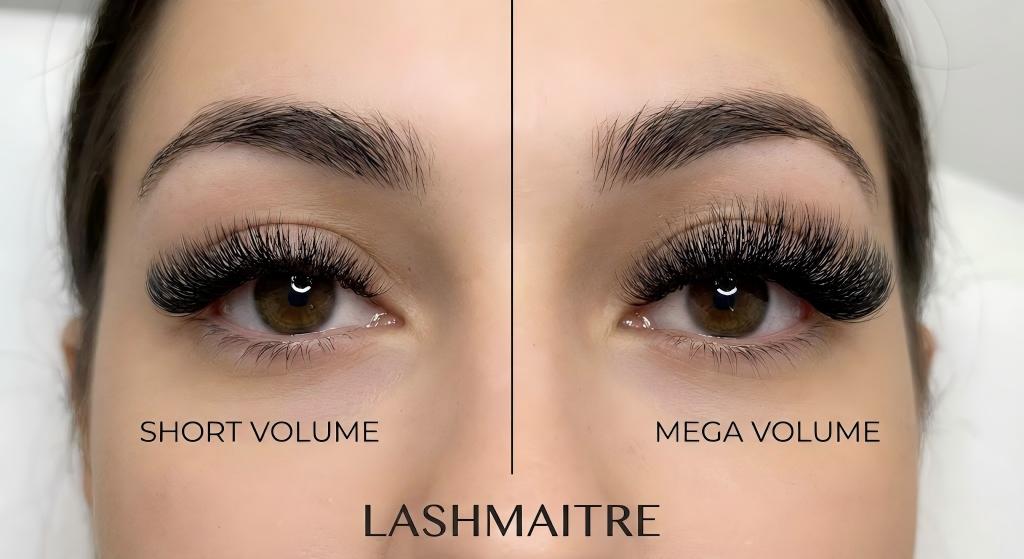 "LASHMAITRE side-by-side comparison showing diverse styles for eyelash extensions auburn wa, featuring a textured, wearable 'Short Volume' set on the left versus a dramatic, full 'Mega Volume' set on the right."