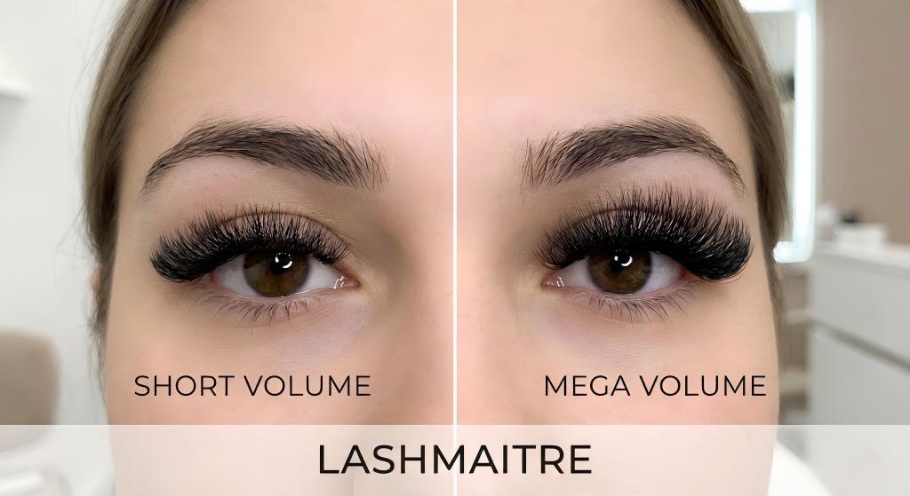 "LASHMAITRE side-by-side comparison showing diverse styles for eyelash extensions auburn wa, featuring a textured 'Short Volume' set on the left versus a dramatic, full 'Mega Volume' set on the right."