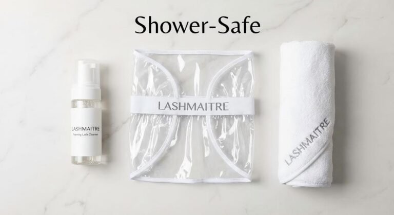 A flat lay of the LASHMAITRE 'Shower-Safe' retail kit, featuring a foaming cleanser, protective visor, and soft towel. This aftercare set provides the essential tools to answer "yes" to the question: can you shower with eyelash extensions?