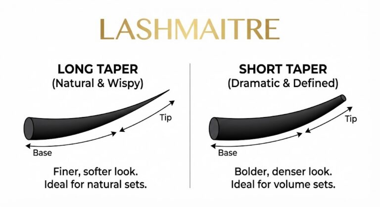 A LASHMAITRE technical diagram comparing long taper versus short taper profiles for silk eyelashes extensions, illustrating the difference in thickness and tip fineness.