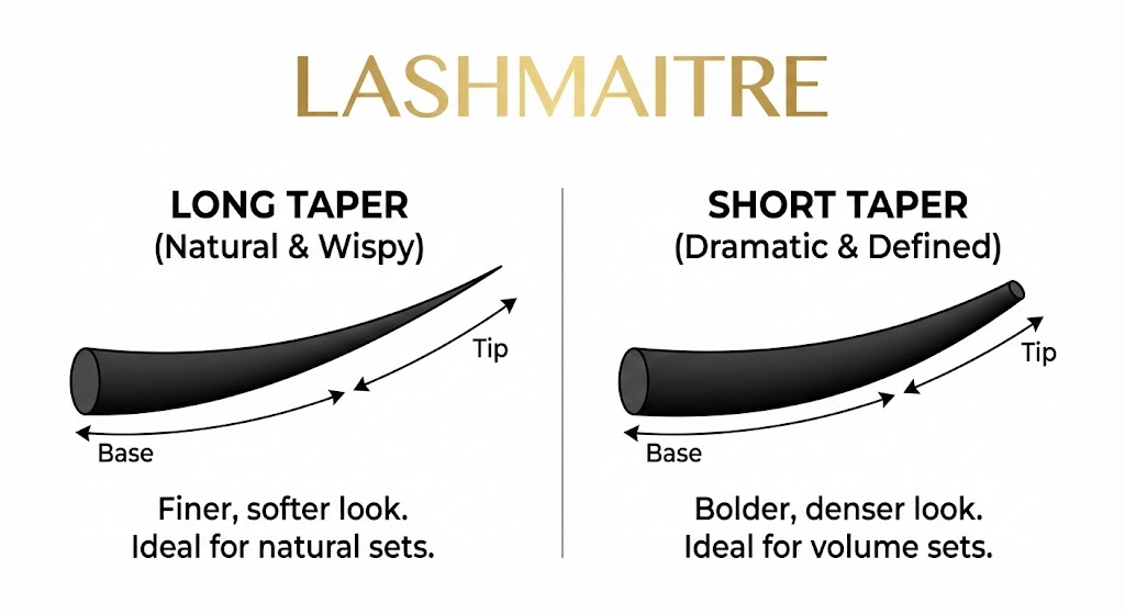 A LASHMAITRE technical diagram comparing long taper versus short taper profiles for silk eyelashes extensions, illustrating the difference in thickness and tip fineness.