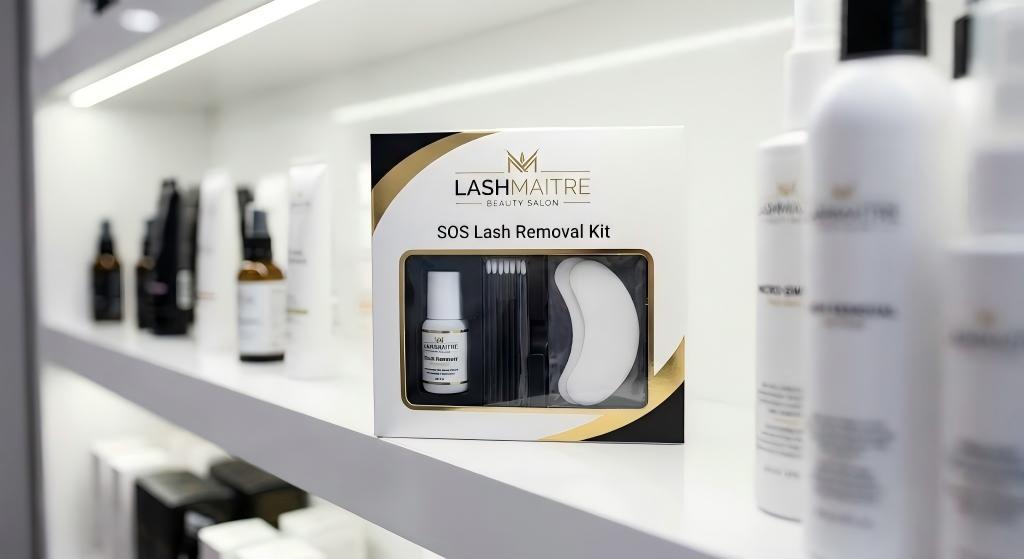 A LASHMAITRE SOS Lash Removal Kit displayed on a salon retail shelf, offering a professional and safe solution for clients wondering how can you take off eyelash extensions at home.