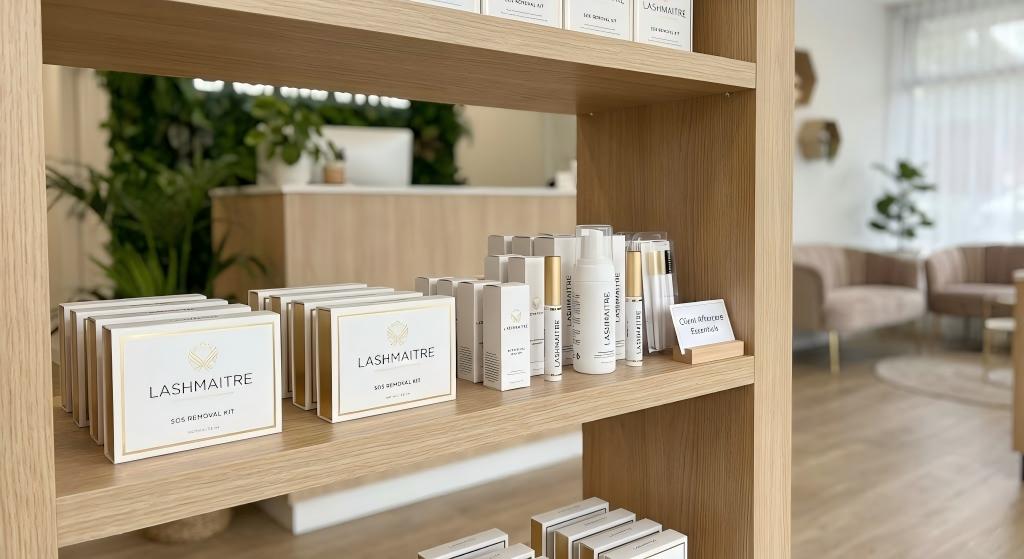 A LASHMAITRE retail display shelf featuring "SOS Removal Kits" designed for clients to remove eyelash extensions home safely, alongside other branded aftercare essentials.